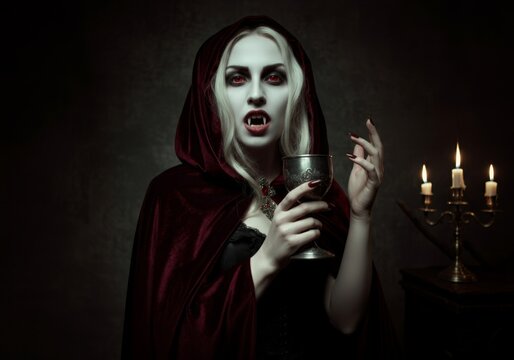 Vampire woman in red cloak with goblet and candlelit setting