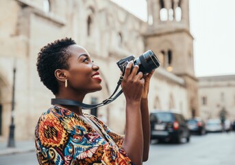 Black woman with a short, natural hairstyle, photographer capturing city street architecture with camera