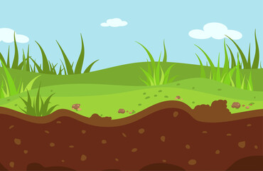 Obraz premium Green valley with grass and layers of earth or soil. Underground of meadow. Spring or summer park landscape, agriculture or planting, vector background