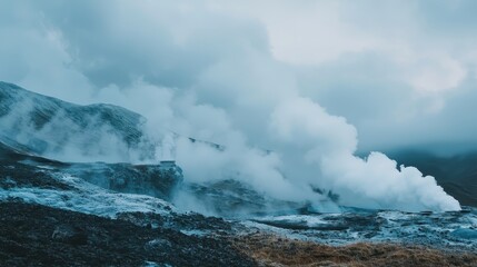 Fototapeta premium Dramatic Steam and Geysers Erupting from Volcanic Landscape Under Cloudy Skies in Iceland, Showcasing Earth’s Natural Wonders and Geothermal Activity