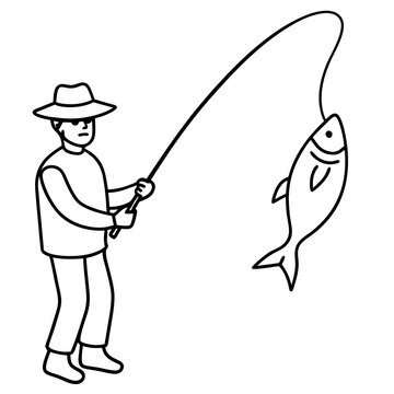 fisherman fishing, black and white line art clip art preview