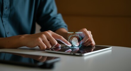 A person using a biometric scanner for access, with a glowing fingerprint scan animation on a sleek touchpad.