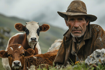 An man shepherds a flock of animals generative AI