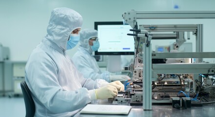 Naklejka premium Workers in a cleanroom assembling semiconductor chips, fully suited up for a dust-free environment with high-tech equipment.