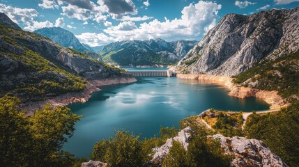 Fototapeta premium Serene Mountain Landscape with Crystal Clear Lake, Lush Greenery, and Dramatic Cloudy Sky Reflecting Nature's Beauty Near a Dam Reservoir