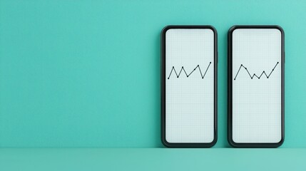 SEO ranking mobile concept. Two smartphones display upward-trending graphs against a teal background, symbolizing growth and analytics in technology or finance.