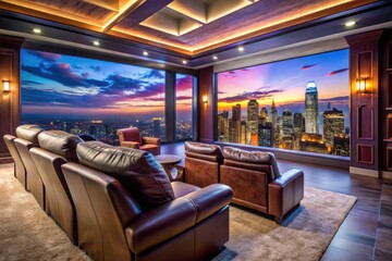 Fototapeta premium Luxurious Home Theater Setup with Plush Seating, Large Screen, and Stunning Cityscape Views - Ultimate Entertainment Experience