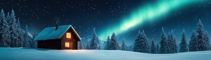 Fototapeta premium Romantic winter wonderland cabin: an intimate escape for couples amidst snow-covered serenity.