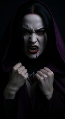 Fierce vampire woman with red eyes and bloodstained lips in dark cloak