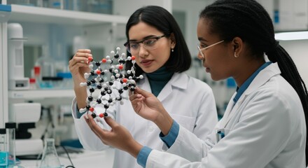 Two scientists of different ethnic backgrounds discussing findings while holding up a molecular model in a sterile lab environment.