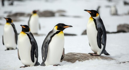 Obraz premium Group of Emperor penguins on snowy Antarctic landscape