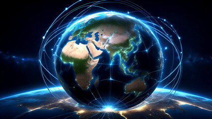 Obraz premium A 3D representation of the Earth surrounded by glowing digital data rings and network lines connecting various points. The Earth's surface features glowing city lights
