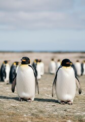 Obraz premium Group of Emperor penguins standing on sandy terrain under cloudy sky