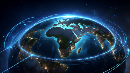 A 3D representation of the Earth surrounded by glowing digital data rings and network lines connecting various points. The Earth's surface features glowing city lights