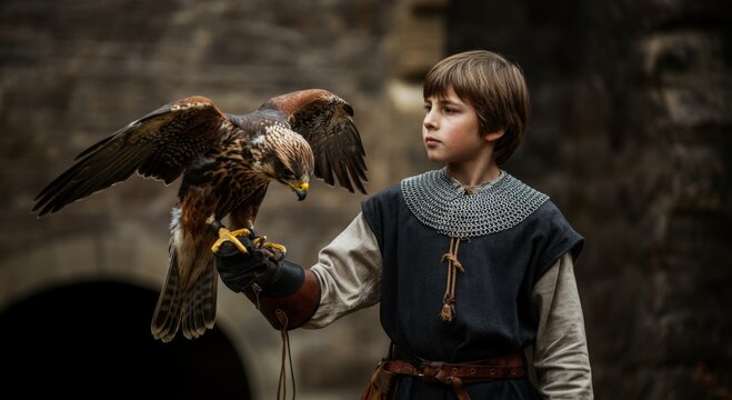 Medieval boy falconer holding hawk in castle courtyard - Powered by Adobe