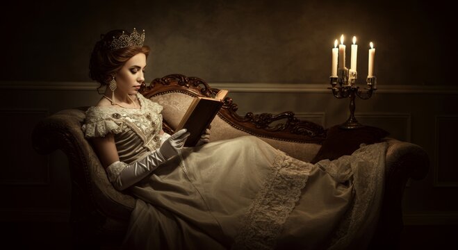 Victorian-era woman reading on antique sofa by candlelight in elegant gown