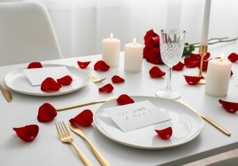 Romantic candlelit dinner table with rose petals and love notes. Valentine's day celebration