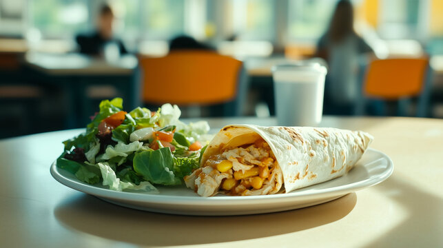 Delicious Chicken Burrito with Fresh Side Salad Served in School Cafeteria - Nutritious Student Meal Option