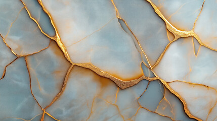 Abstract blue marble texture with gold veins creating an intricate and luxurious pattern reminiscent of Kintsugi style.