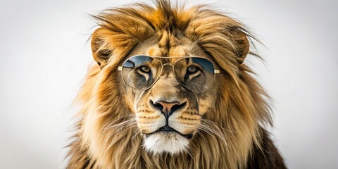 Fototapeta premium Majestic Lion in Aviator Sunglasses with Dramatic Lighting on a White Studio Backdrop - Stunning Tilt-Shift Photography for Wildlife Enthusiasts and Creative Projects