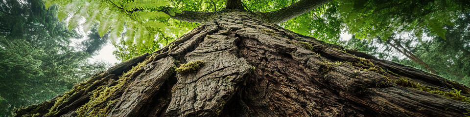 Obraz premium A massive tree trunk, its rough bark covered in ferns and moss, stretching high into the canopy.