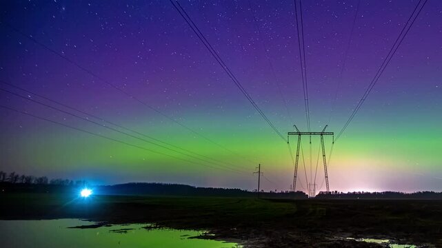 Tima lapse of beautiful northern lights, polar lights above a dark field, clouds are moving at end, static shot with copy space