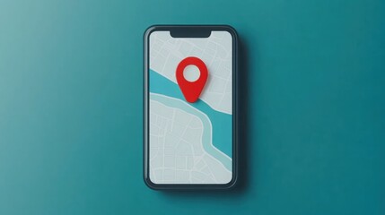 SEO ranking mobile concept. A smartphone displaying a map with a prominent red location pin on a teal background.