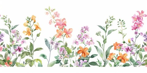 Obraz premium Gentle watercolor floral seamless border. Stephanotis, stylidium, suzanne, tagetes, tanacetum, telopea, thalictrum, thymus, tibouchina, tigridia, simple vector illustration on white background.