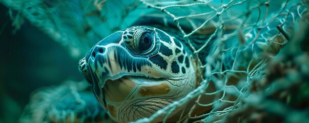 Fototapeta premium Close-up of decomposing plastic bag entangled around sea turtle's neck highlights plastic pollution's impact.