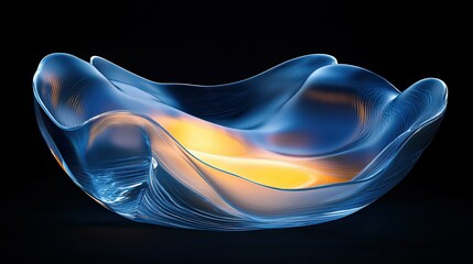 Abstract blue and gold glass sculpture on black background.