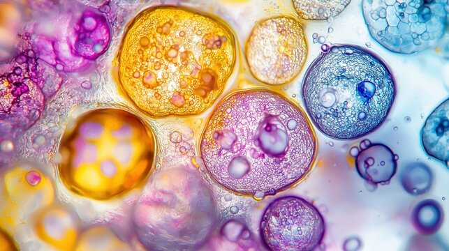 Abstract pattern of translucent bubbles in vivid colors, representing science, creativity, and the beauty of microcosmic structures.