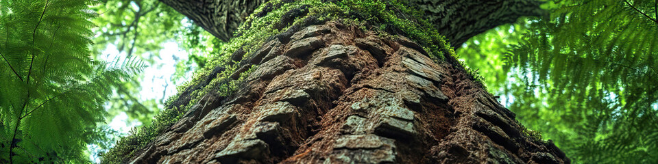 Fototapeta premium A massive tree trunk, its rough bark covered in ferns and moss, stretching high into the canopy.