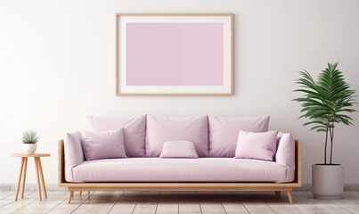 Fototapeta premium Pastel Pink Sofa Wooden Frame Minimalist Living Room Interior