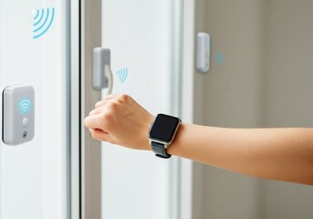 Naklejka premium Smartwatch user unlocking door with wireless smart lock and connectivity