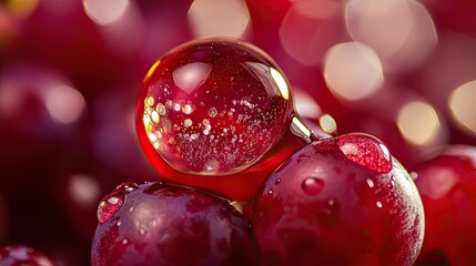 Close-up of red grapes with water droplets, bokeh background.