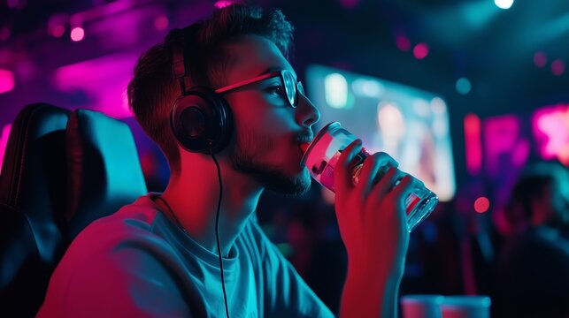 A young man wearing headphones sits in a brightly lit gaming arena, taking a break to drink from a cup
