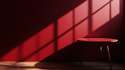 Empty table on dark red wall. Background with window light and shadow. Mockup for presentation, branding products, cosmetics, food, technology or jewelry. Premium background