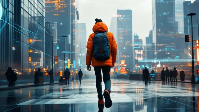 A person walking through a smart city, interacting with AI-enabled devices via their smartphone, with technology seamlessly integrated into the urban landscape.