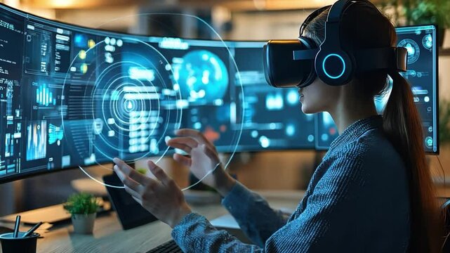 A person working on a complex project with the assistance of AI tools, virtual reality visualizations, and smart technology, showcasing human-AI collaboration.