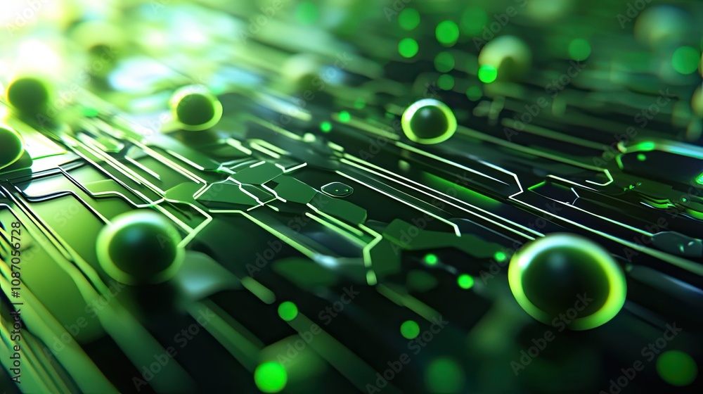 Wall mural abstract green circuit board with glowing spheres, representing digital technology and data flow.