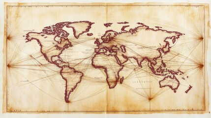 Obraz premium Vintage World Map with Intricate Line Work and Detailed Topography Representing Historical Exploration and Trade Routes Across Continents and Oceans