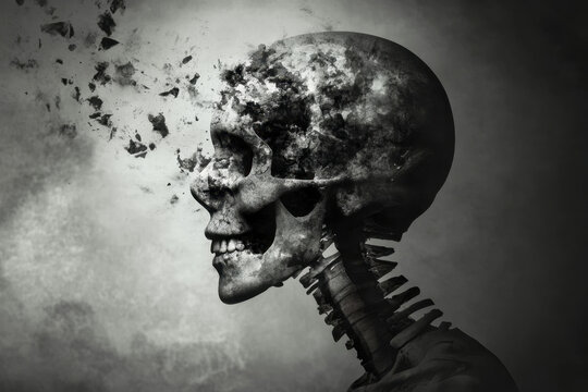 Manslaughter and Mental Illness. A surreal depiction of a skull disintegrating, symbolizing the fragility of life and the inevitability of death.
