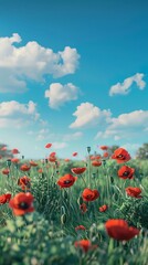 Spring meadow with blooming poppies under a bright blue sky, 4K hyperrealistic photo