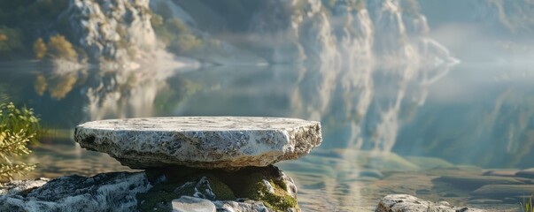 Empty short quartzite pedestal against a serene lake. 4K close-up illustration.