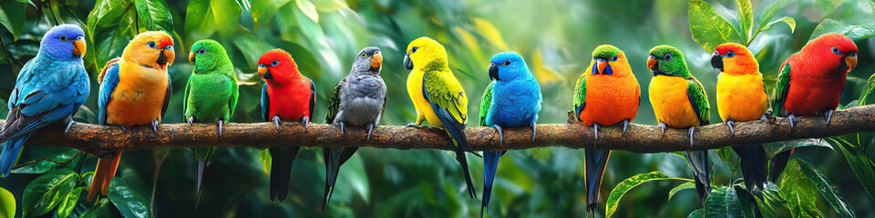 Obraz premium A diverse array of colorful birds perched on a tree branch, their bright plumage contrasting against the verdant foliage.