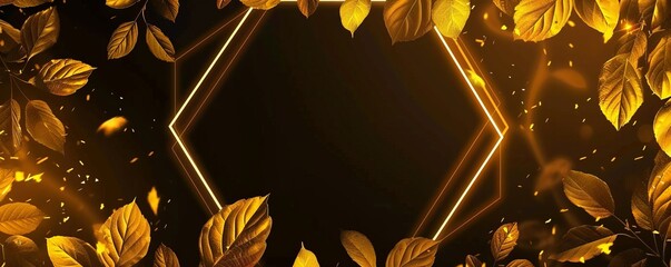 Yellow neon hexagonal frame with leaves on black background, in geometric shapes style, radiant, cheerful, lemon yellow and pastel yellow.