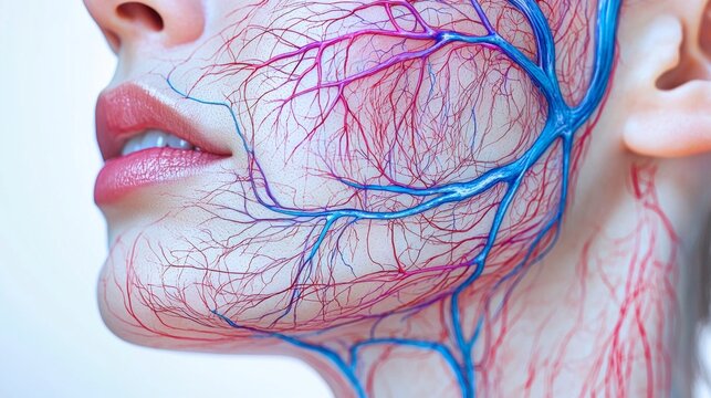 educational diagram displays facial vascular network highlighting arteries and veins designated injection points safe cosmetic procedures and training.