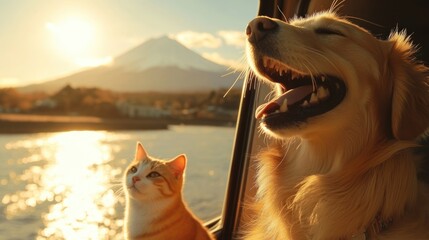 A happy golden retriever dog and a cute cat is relaxing at car window on holiday road trip to Fuji mountain, Japan.