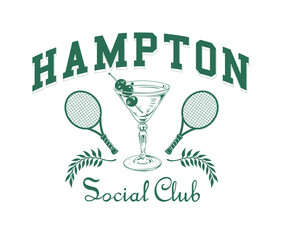 Hampton social club vector design, Tennis club logotype artwork, cocktail drinks glass with tennis bat, Vintage club design for t shirt, sweater, graphic print