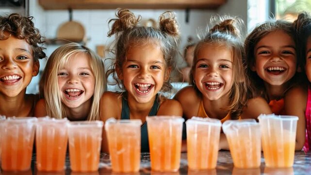 A group of kids is making homemade popsicles in the kitchen, excitedly waiting for them to freeze on a hot summer day.